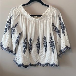 White and blue off the shoulder blouse